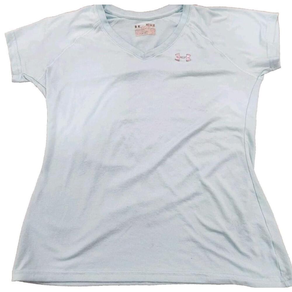 Under Armour Heat Gear Womens Semi-Fitted V- Neck Shirt Aqua Blue Medium Logo